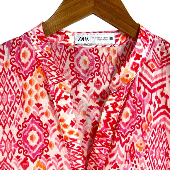 Zara Printed Tiered Midi Dress in pink and white Size XS Relaxed Oversized Fit - Picture 6 of 7